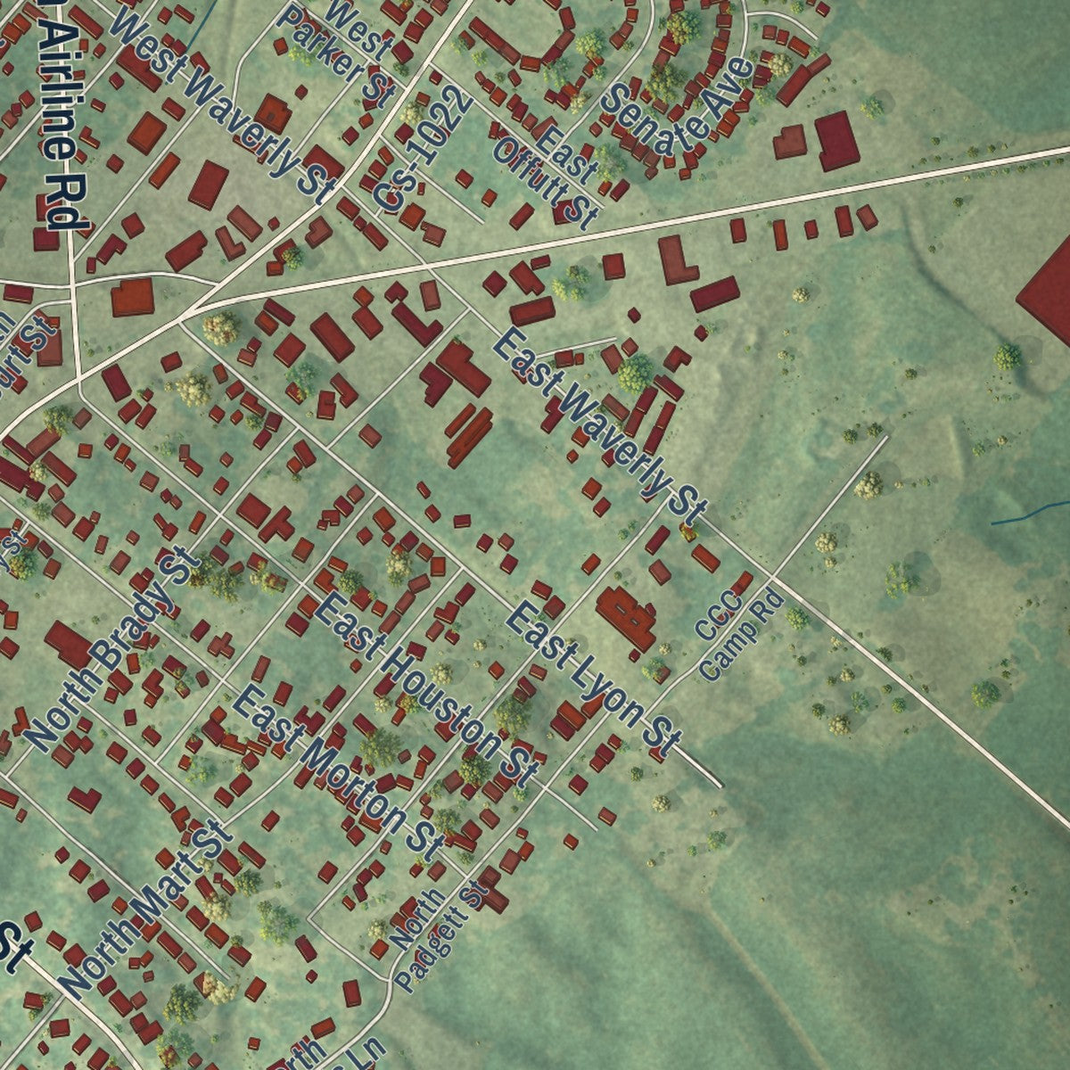 Close-up of the map of Morganfield, Kentucky print showing street and building detail