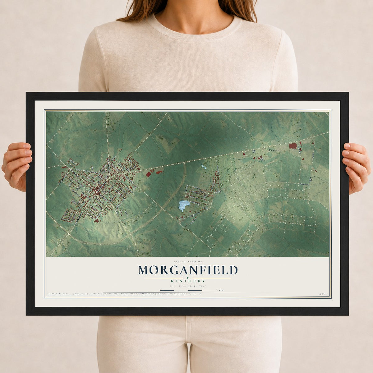 Map of Morganfield, Kentucky, 12 x 18 inch print in a black wood frame