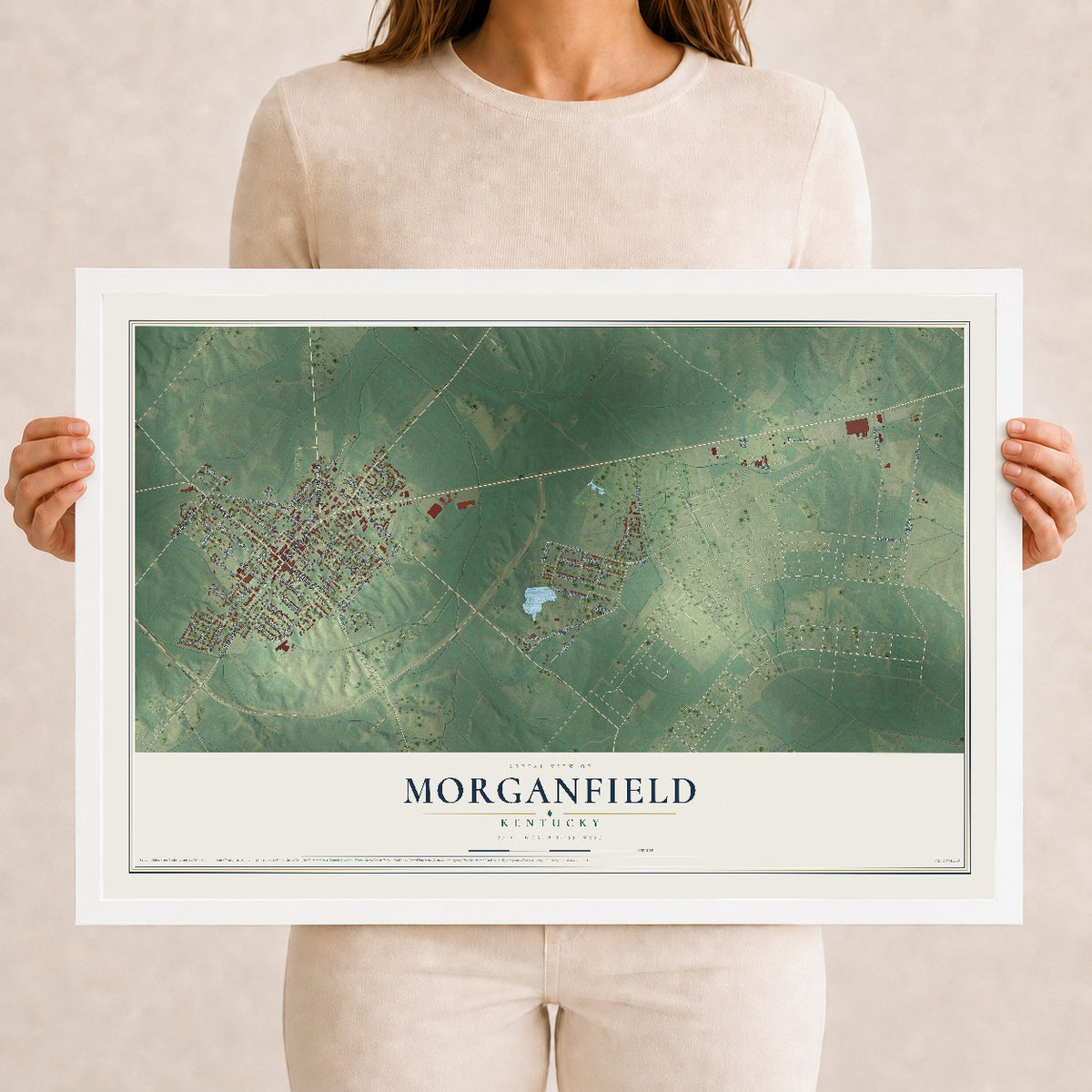 Map of Morganfield, Kentucky, 12 x 18 inch print in a white wood frame