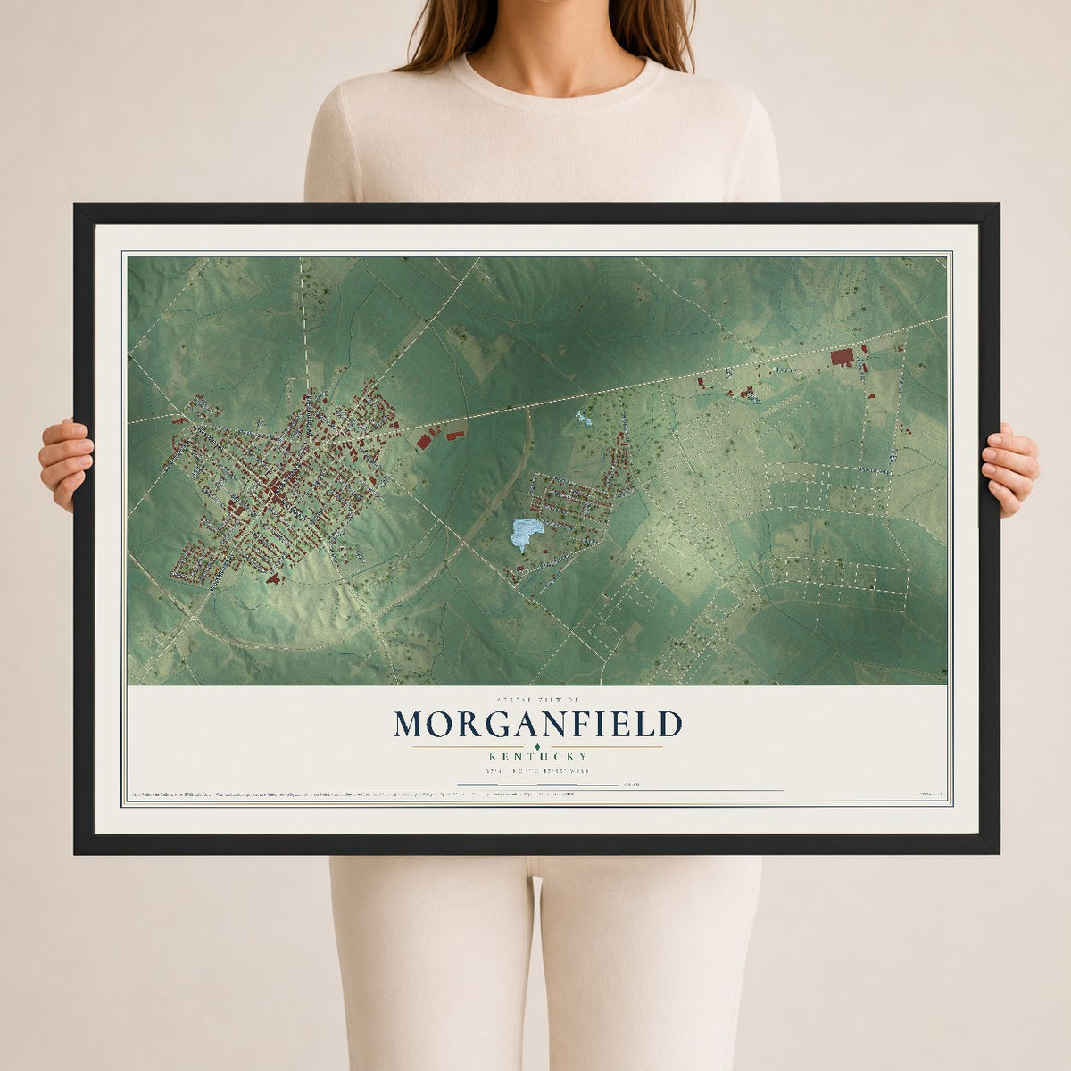 Map of Morganfield, Kentucky, 24 x 36 inch print in a black wood frame