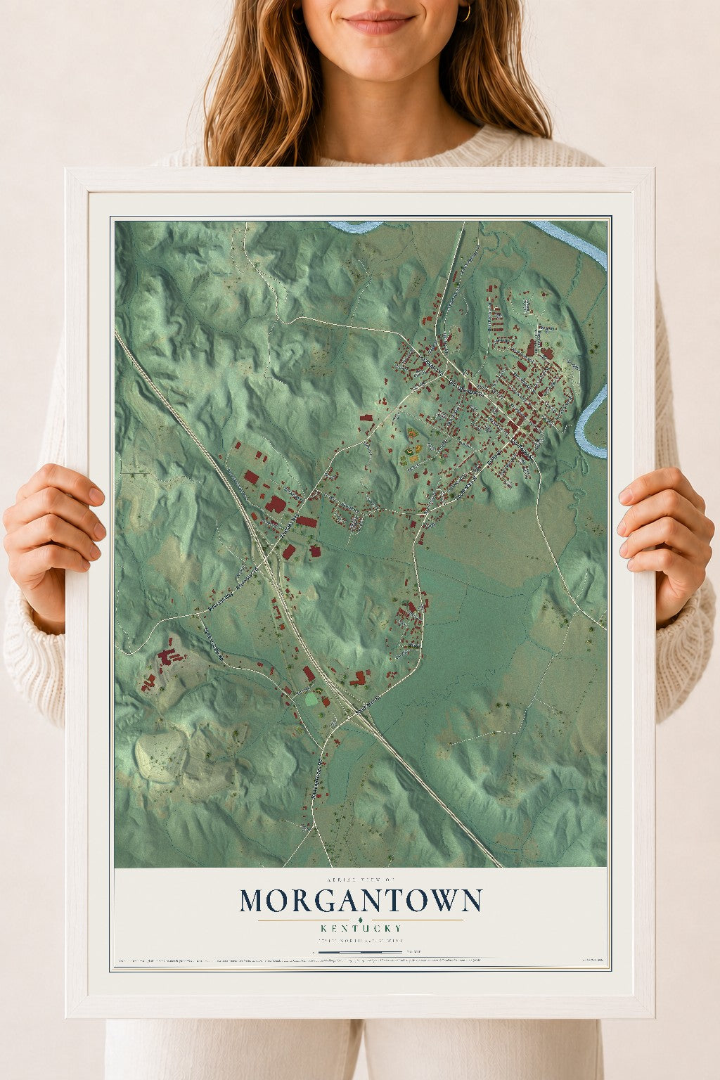 Map of Morgantown, Kentucky, 18 x 24 inch print in a white wood frame