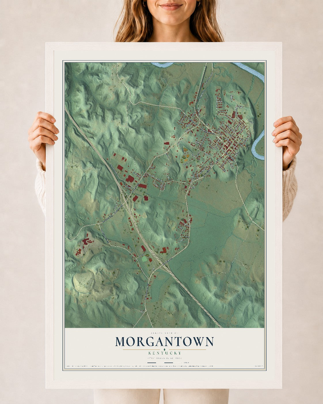 Map of Morgantown, Kentucky, 24 x 36 inch print in a white wood frame