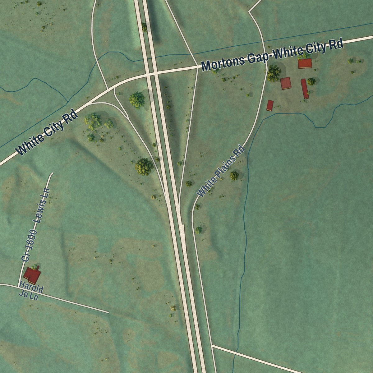 Second close-up of the map of Mortons Gap, Kentucky print showing more streets and buildings