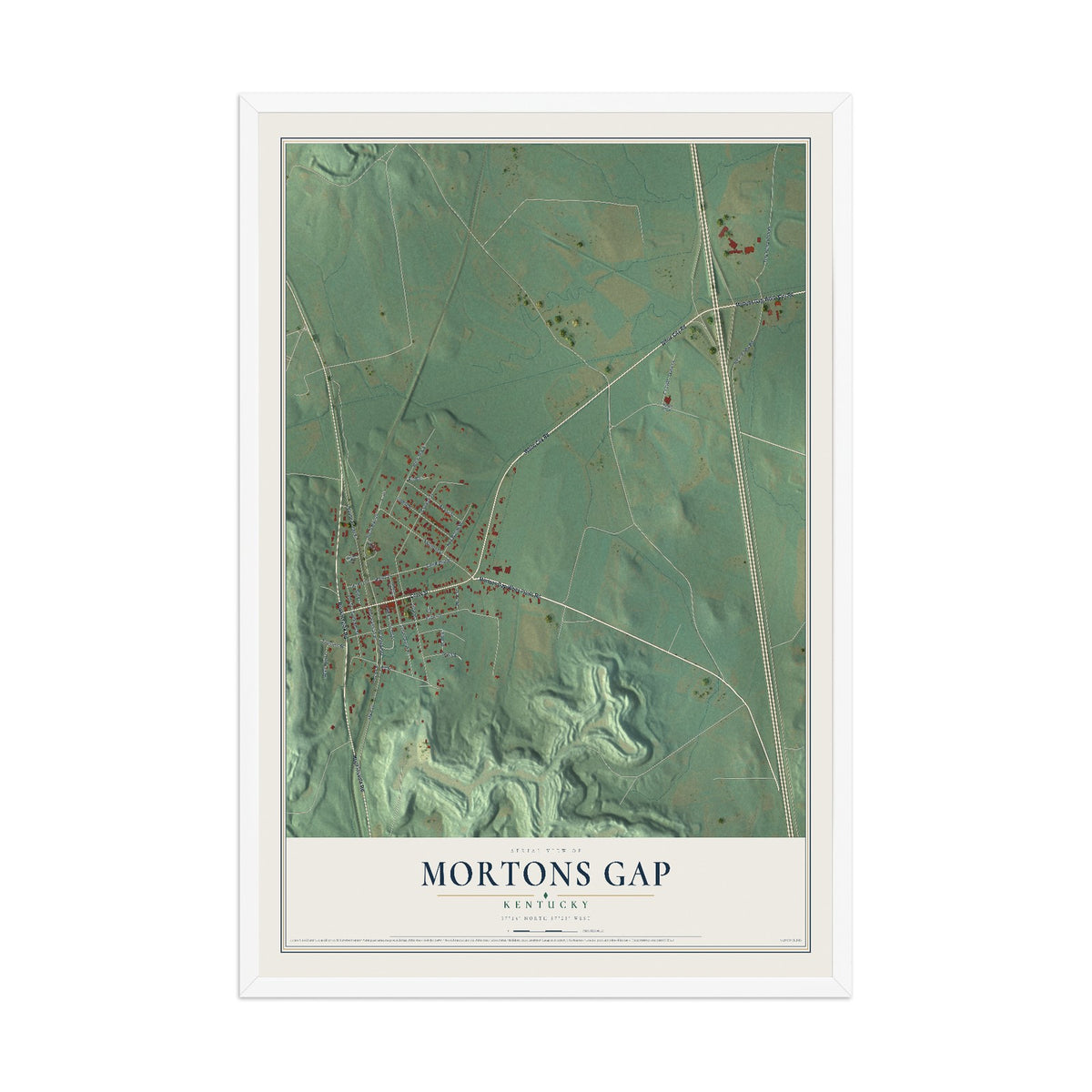 Map of Mortons Gap, Kentucky, 12 x 18 inch print in a white wood frame