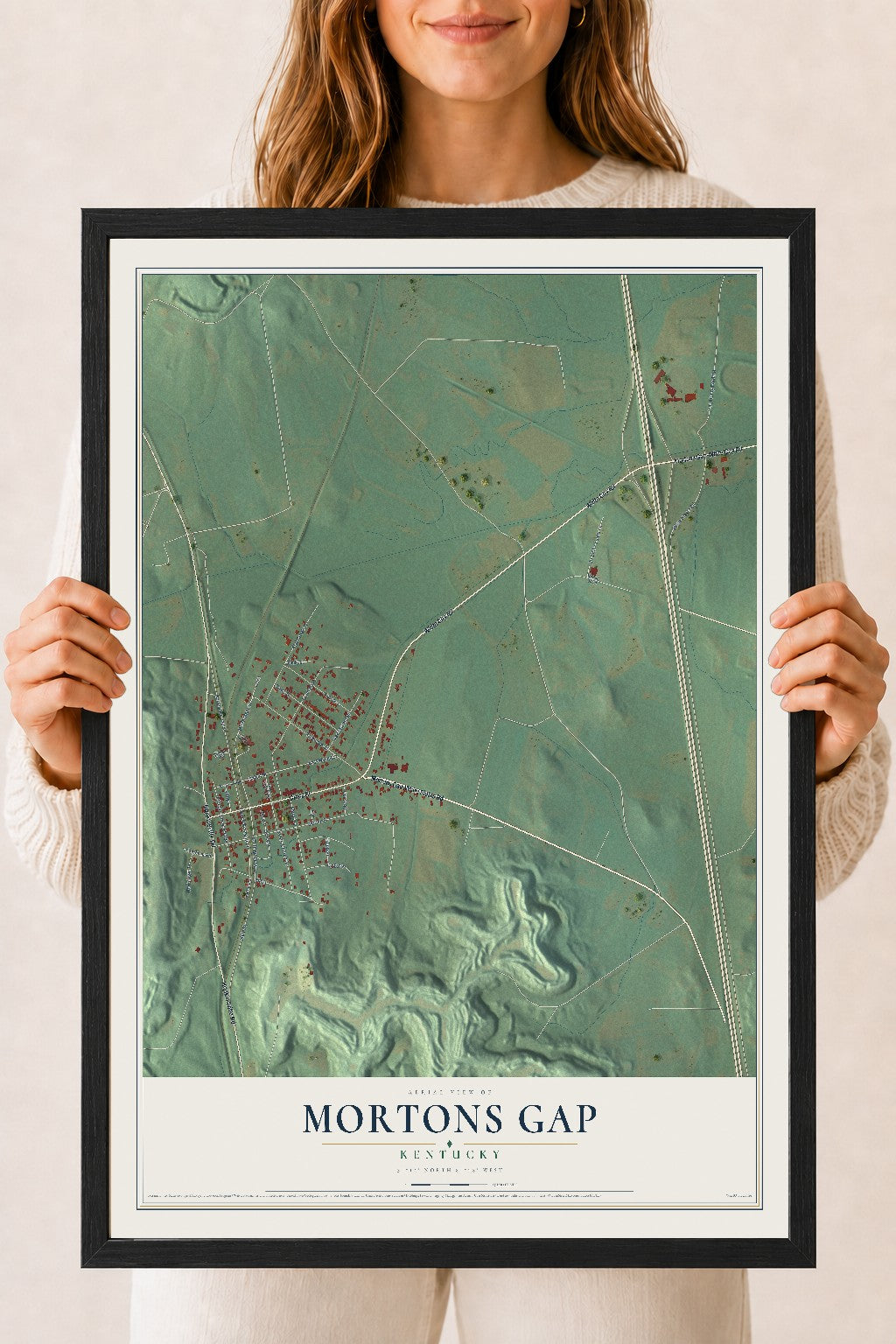 Map of Mortons Gap, Kentucky, 18 x 24 inch print in a black wood frame