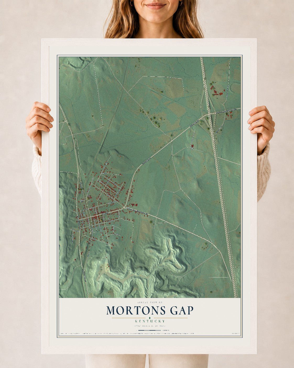 Map of Mortons Gap, Kentucky, 24 x 36 inch print in a white wood frame