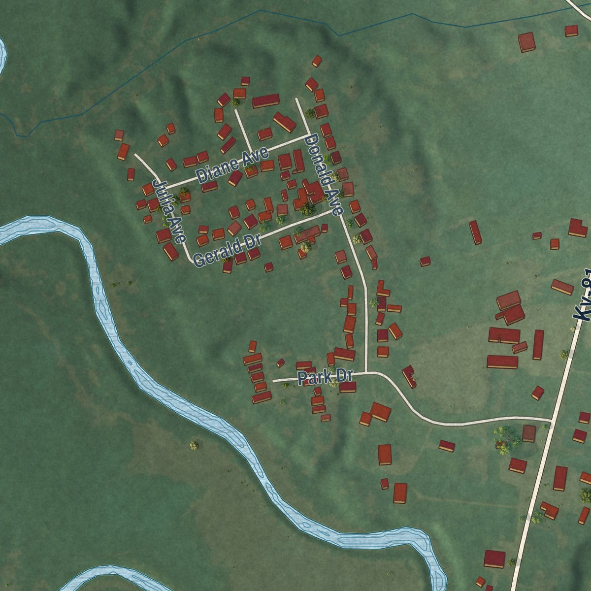 Close-up of the map of Moseleyville, Kentucky print showing street and building detail