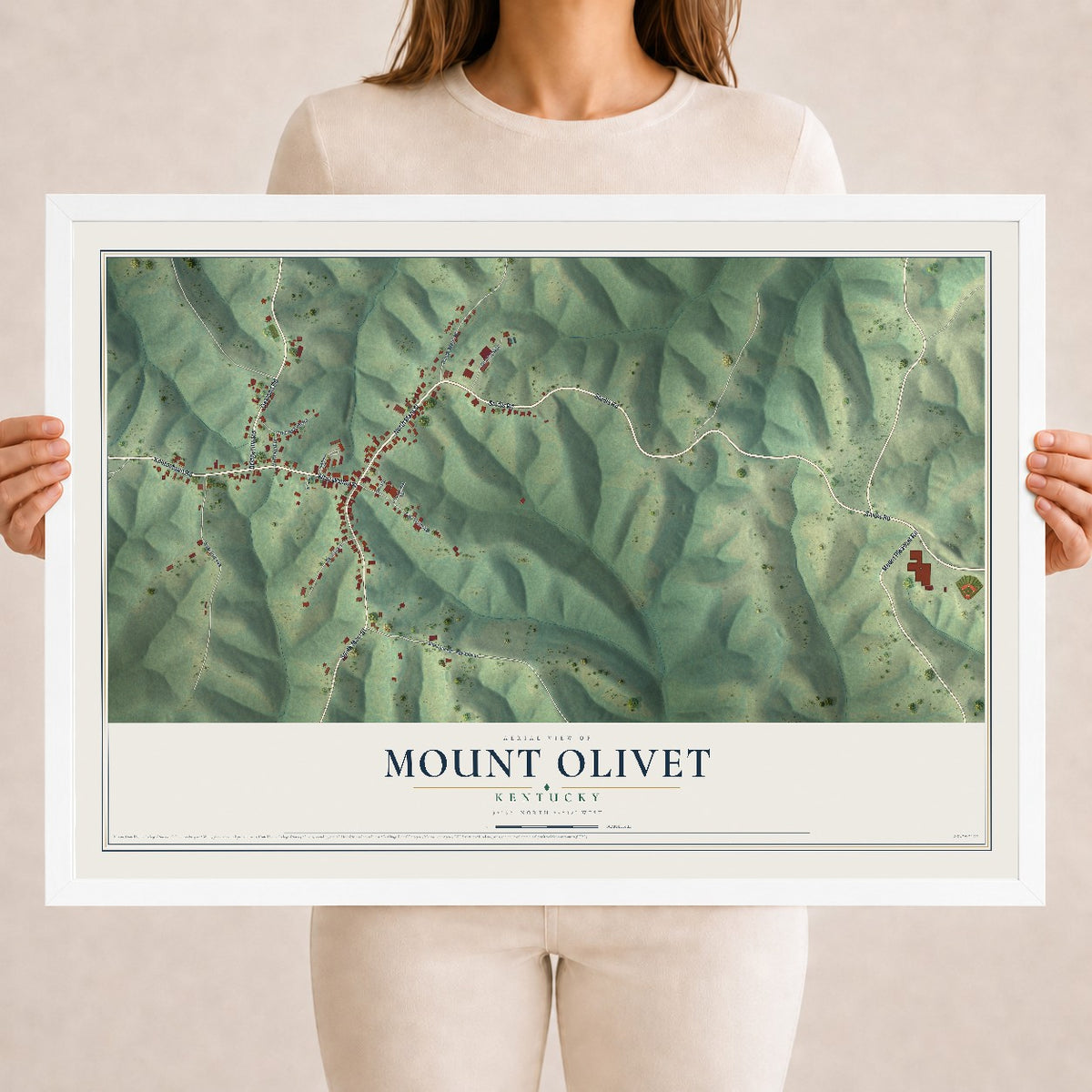 Map of Mount Olivet, Kentucky, 18 x 24 inch print in a white wood frame