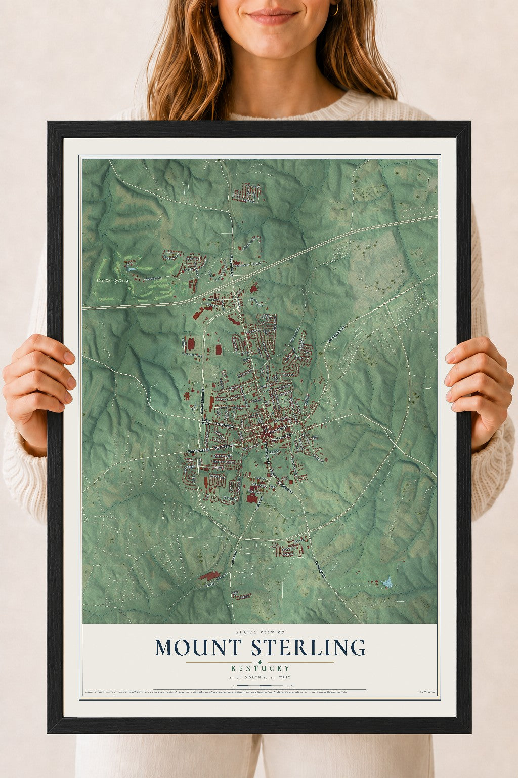 Map of Mount Sterling, Kentucky, 18 x 24 inch print in a black wood frame