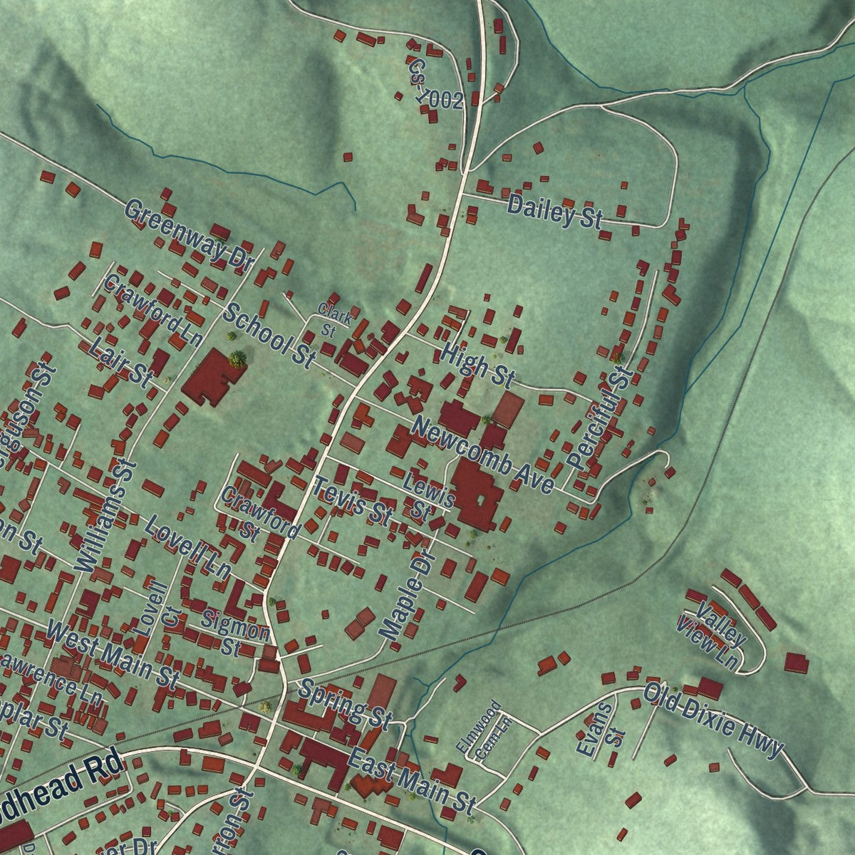 Close-up of the map of Mount Vernon, Kentucky print showing street and building detail