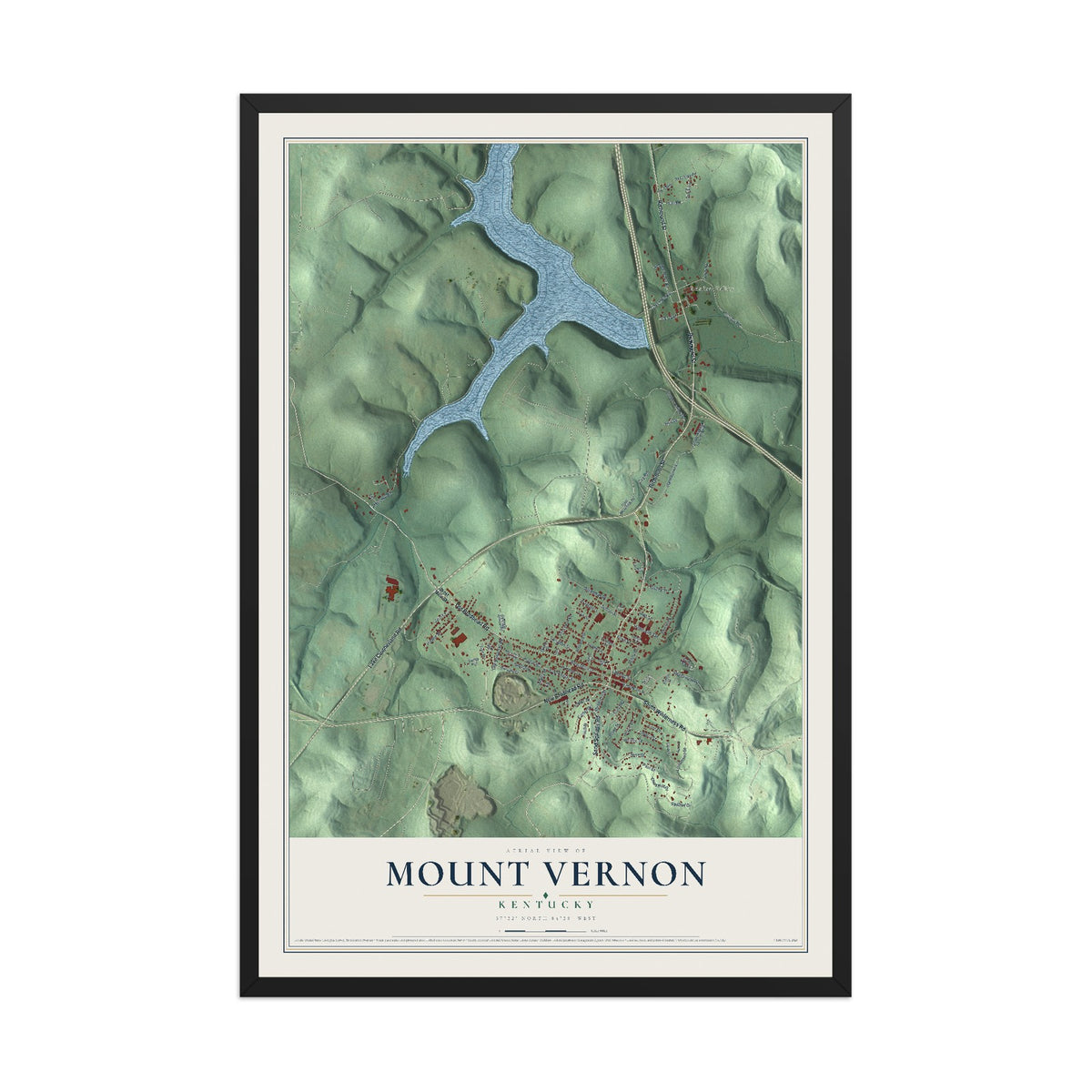 Map of Mount Vernon, Kentucky, 12 x 18 inch print in a black wood frame