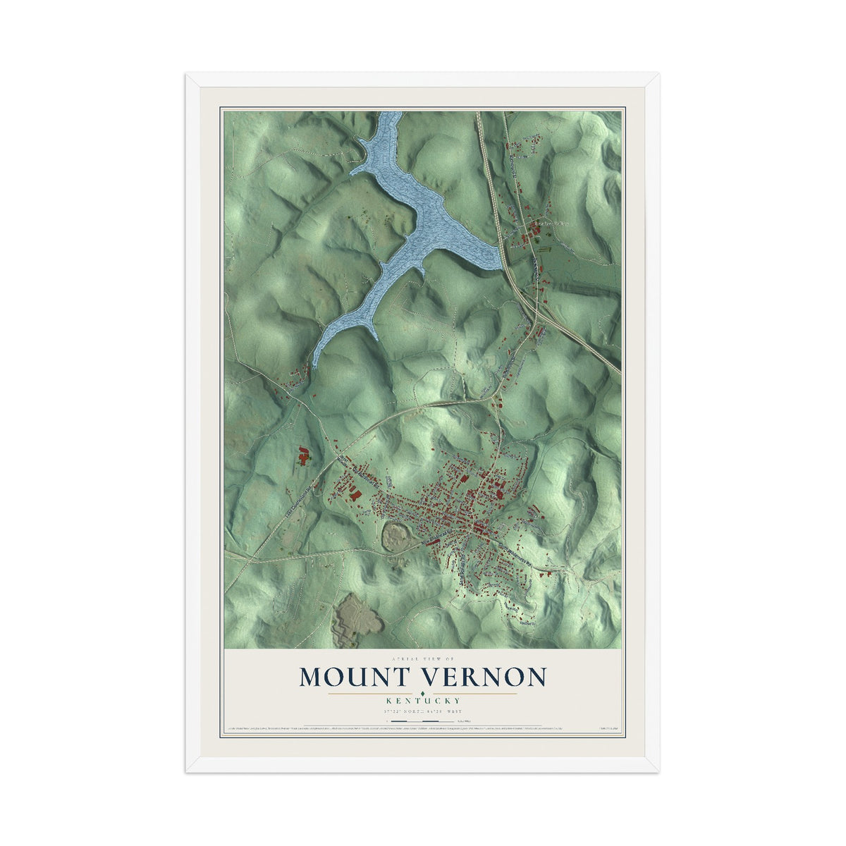 Map of Mount Vernon, Kentucky, 12 x 18 inch print in a white wood frame