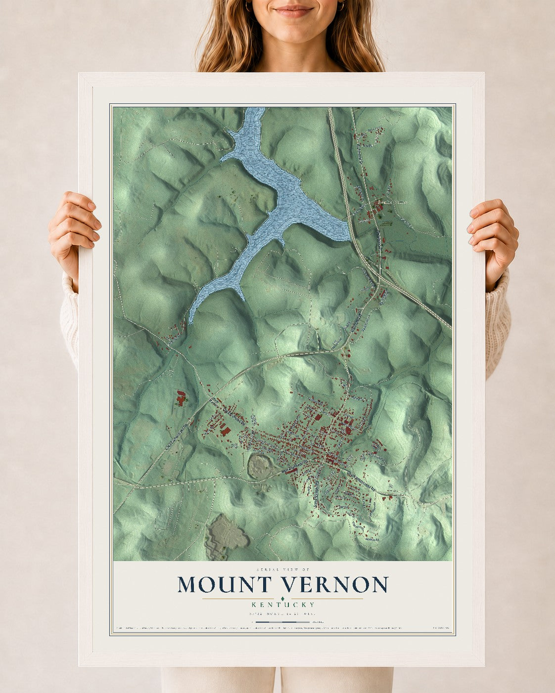 Map of Mount Vernon, Kentucky, 24 x 36 inch print in a white wood frame