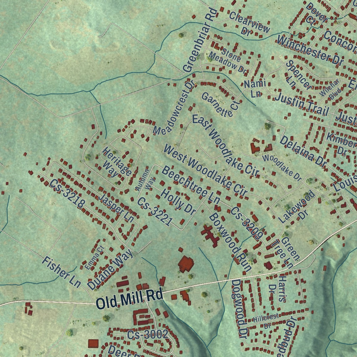 Second close-up of the map of Mount Washington, Kentucky print showing more streets and buildings