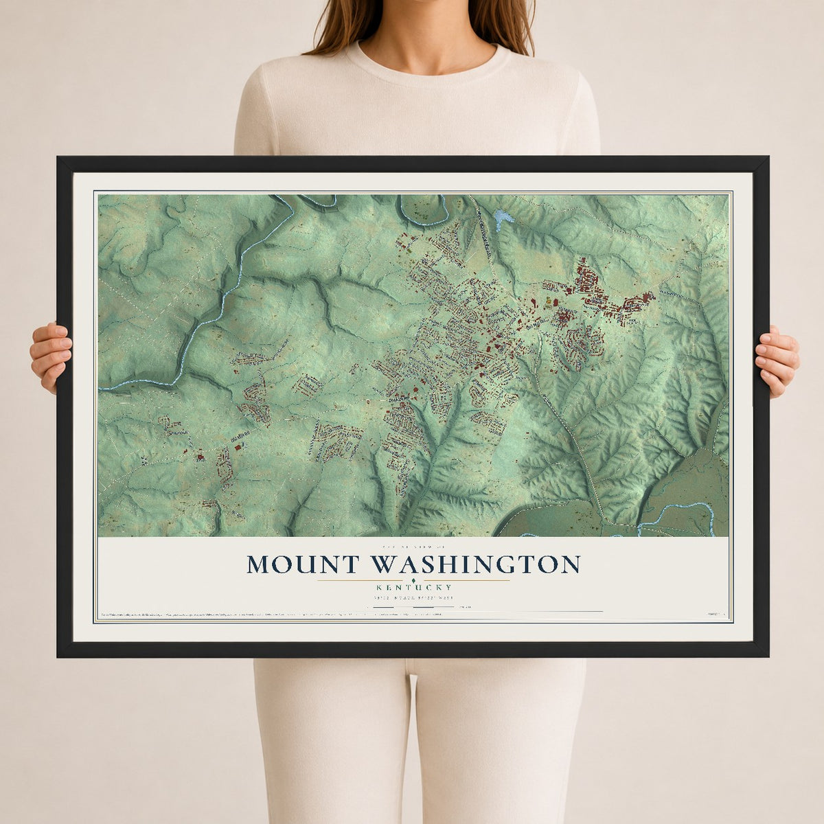 Map of Mount Washington, Kentucky, 24 x 36 inch print in a black wood frame