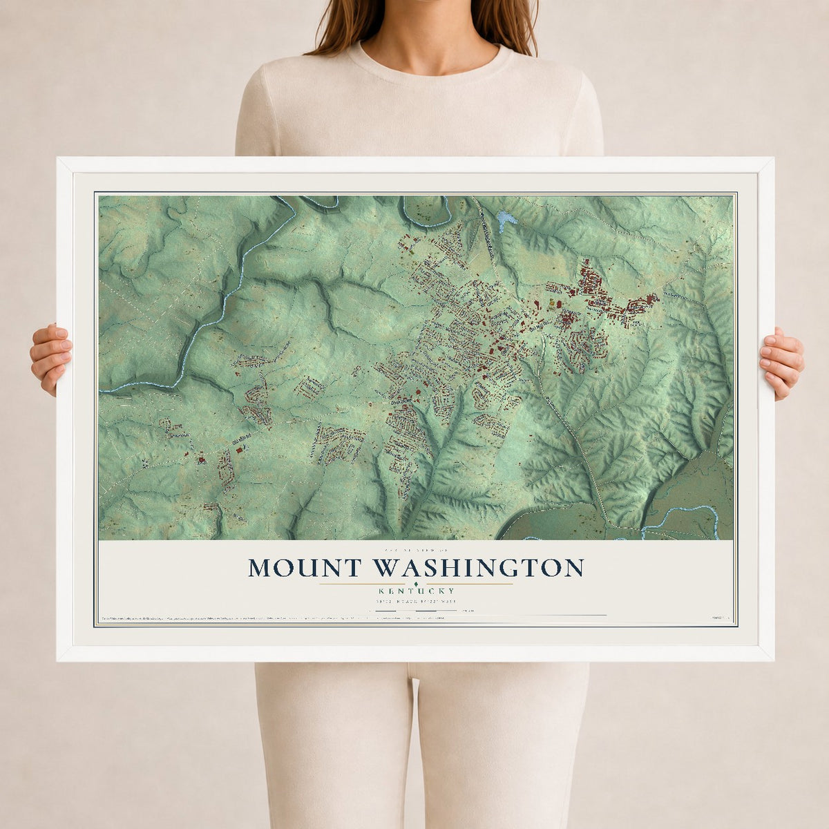 Map of Mount Washington, Kentucky, 24 x 36 inch print in a white wood frame