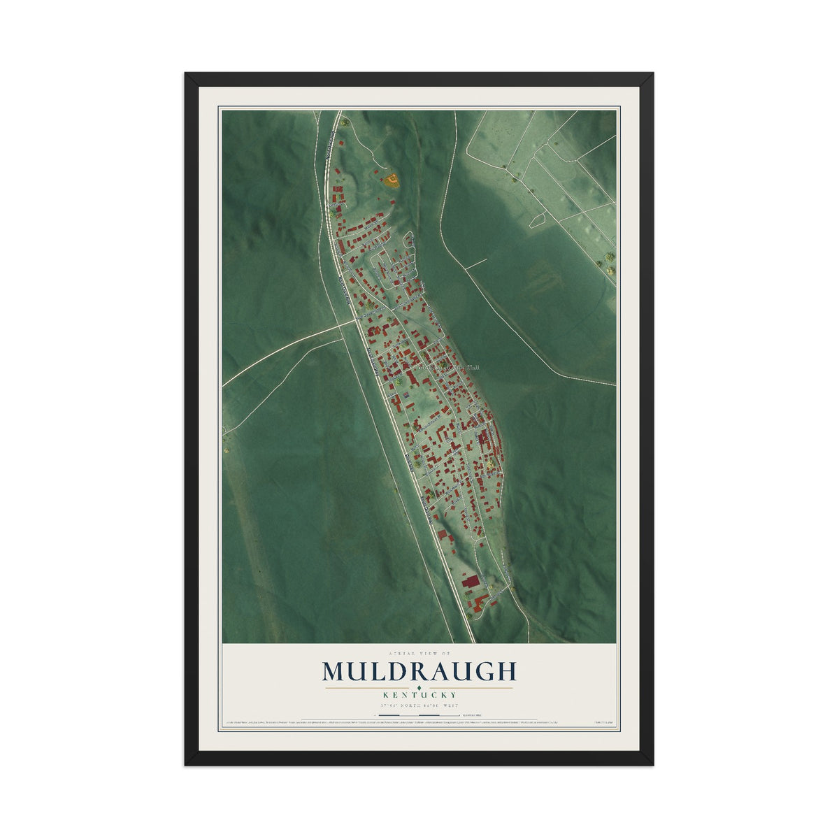 Map of Muldraugh, Kentucky, 12 x 18 inch print in a black wood frame