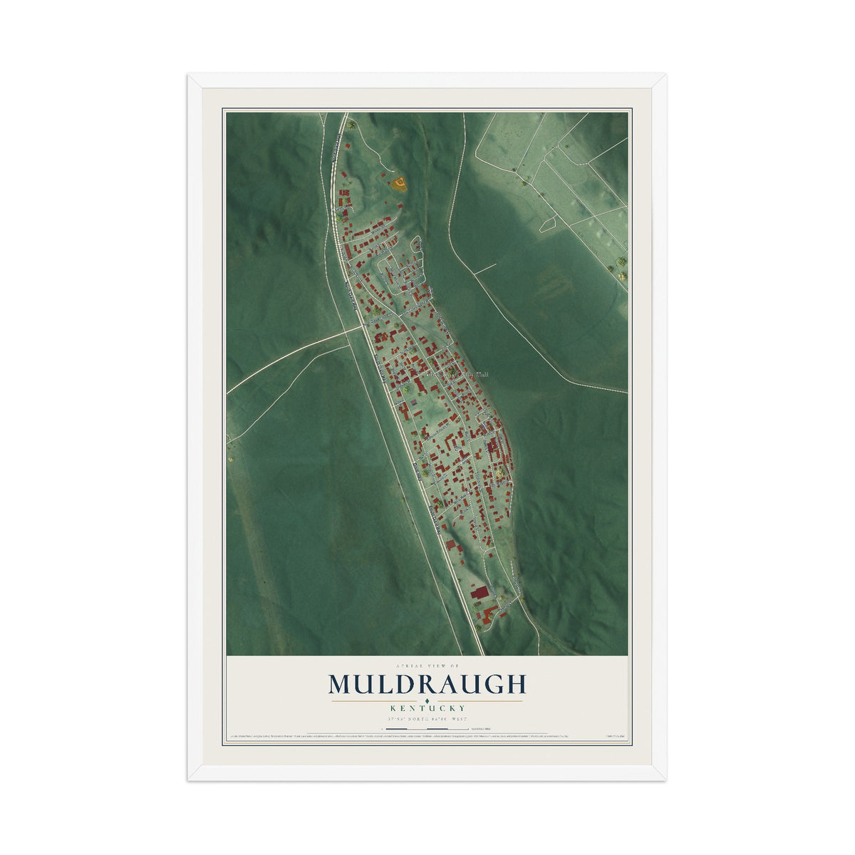 Map of Muldraugh, Kentucky, 12 x 18 inch print in a white wood frame