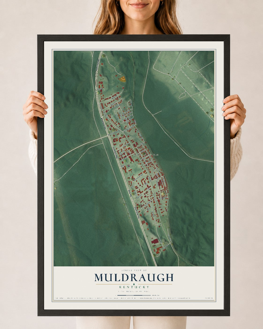 Map of Muldraugh, Kentucky, 24 x 36 inch print in a black wood frame
