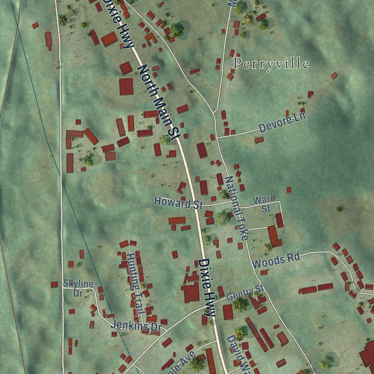 Second close-up of the map of Munfordville, Kentucky print showing more streets and buildings