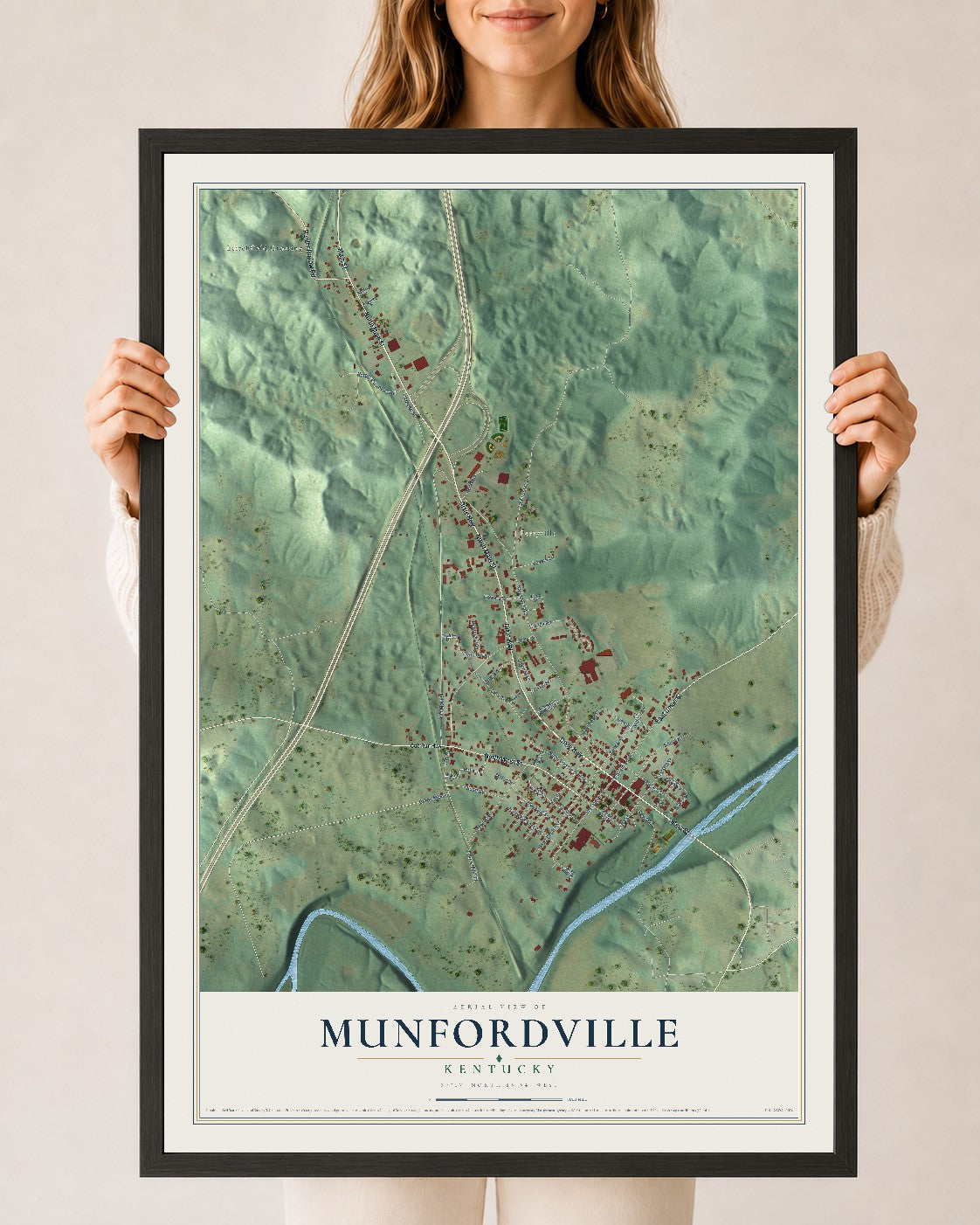 Map of Munfordville, Kentucky, 24 x 36 inch print in a black wood frame
