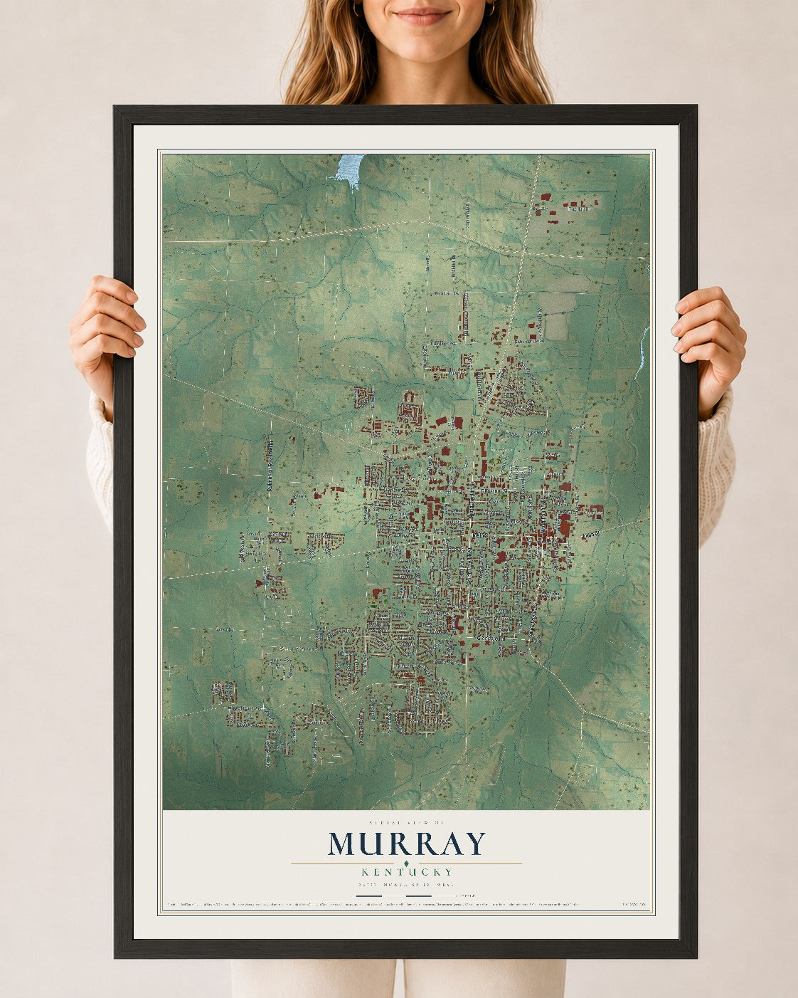 Map of Murray, Kentucky, 24 x 36 inch print in a black wood frame