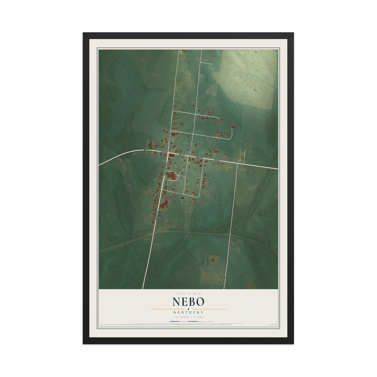 Map of Nebo, Kentucky, 12 x 18 inch print in a black wood frame