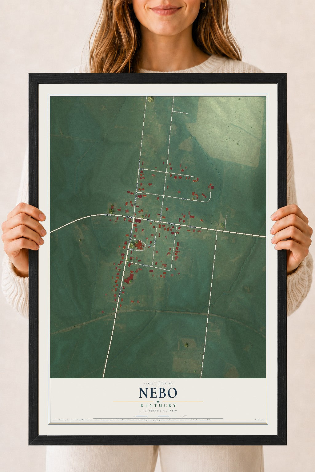 Map of Nebo, Kentucky, 18 x 24 inch print in a black wood frame