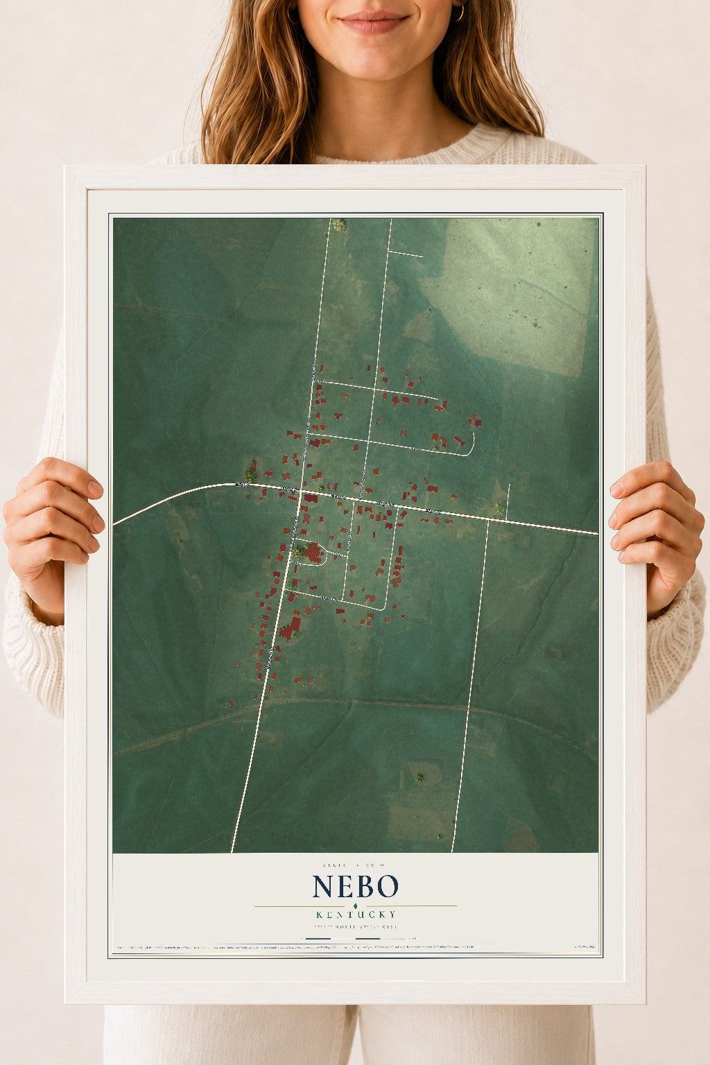 Map of Nebo, Kentucky, 18 x 24 inch print in a white wood frame