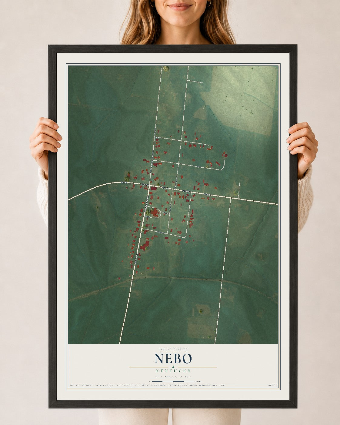 Map of Nebo, Kentucky, 24 x 36 inch print in a black wood frame