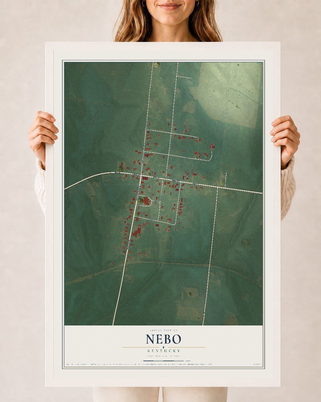 Map of Nebo, Kentucky, 24 x 36 inch print in a white wood frame