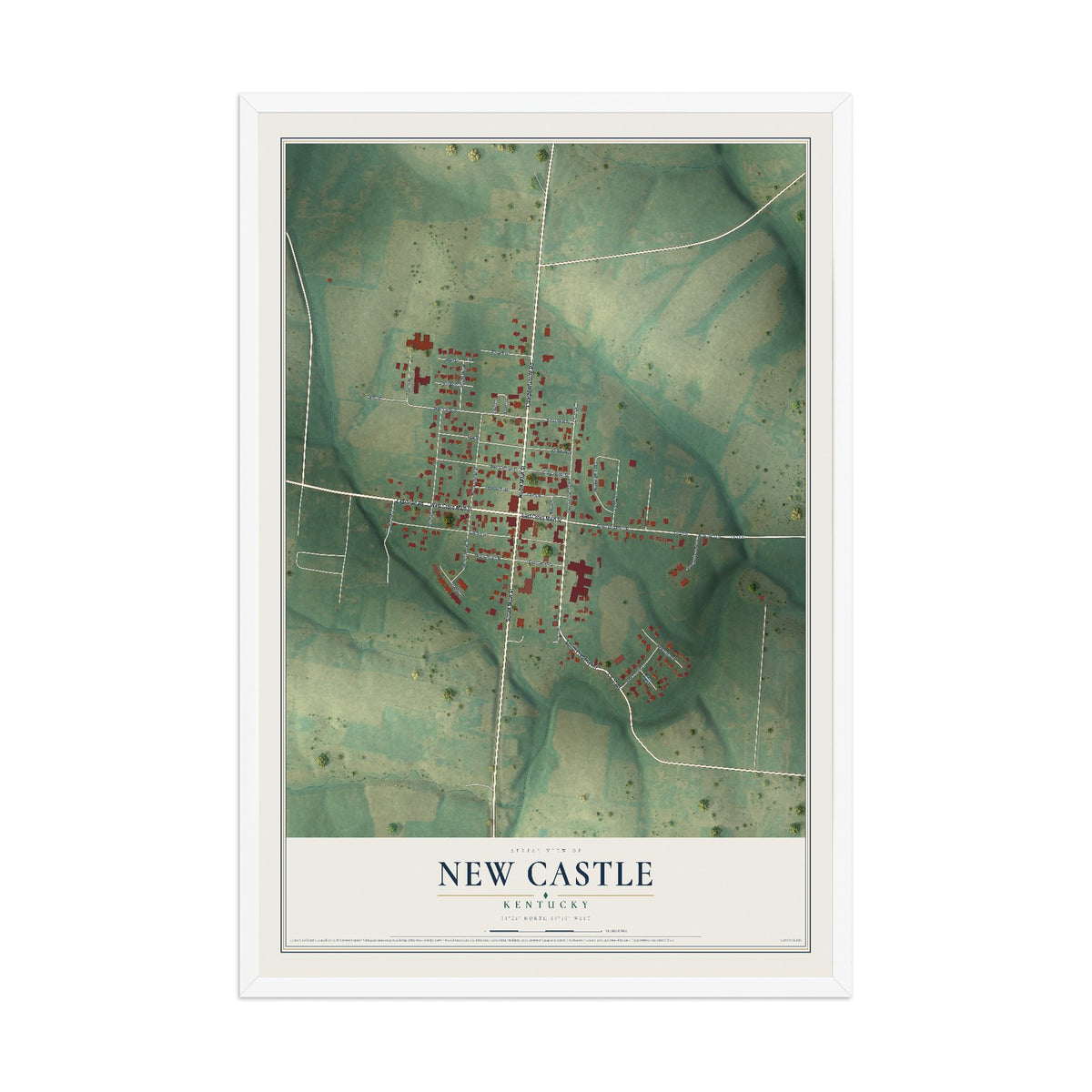 Map of New Castle, Kentucky, 12 x 18 inch print in a white wood frame