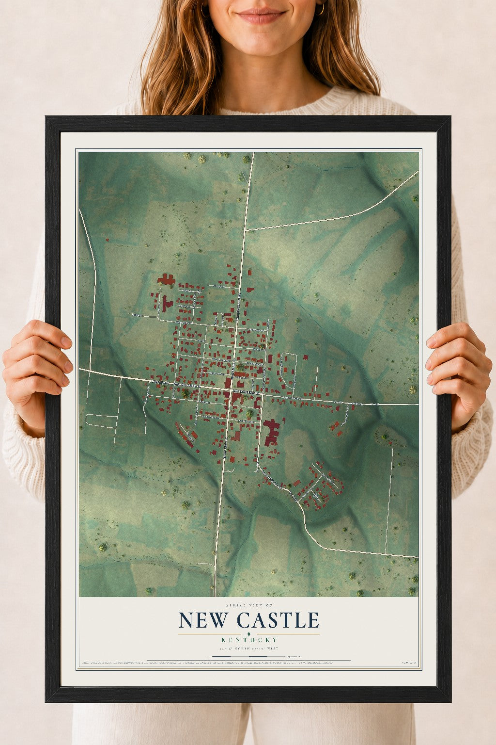 Map of New Castle, Kentucky, 18 x 24 inch print in a black wood frame