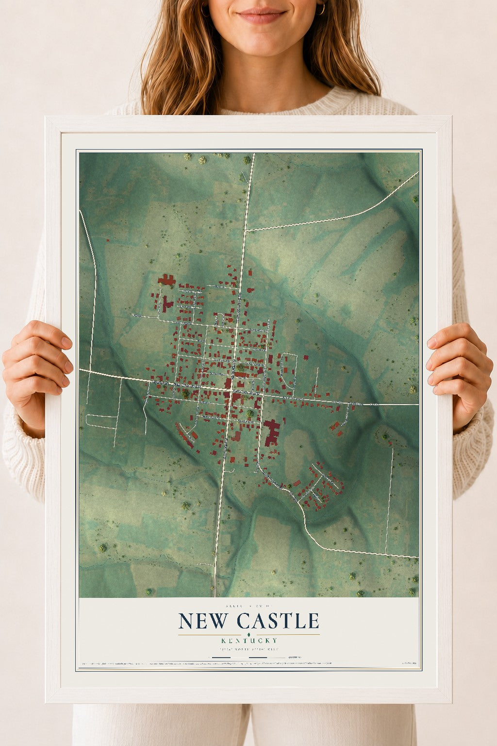 Map of New Castle, Kentucky, 18 x 24 inch print in a white wood frame