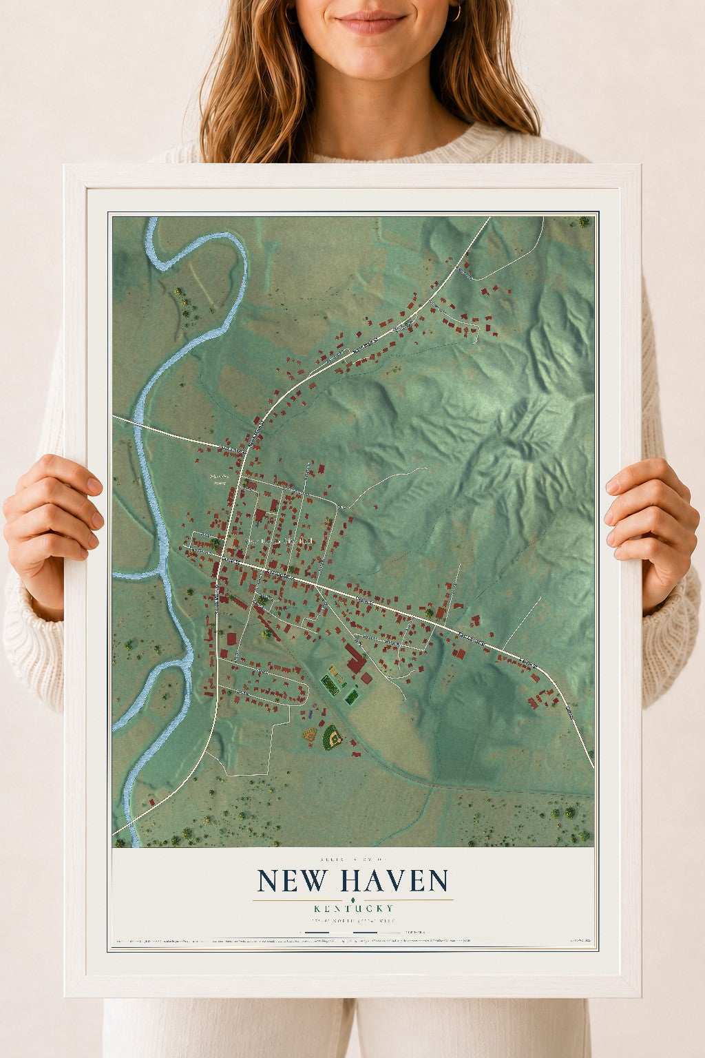Map of New Haven, Kentucky, 18 x 24 inch print in a white wood frame