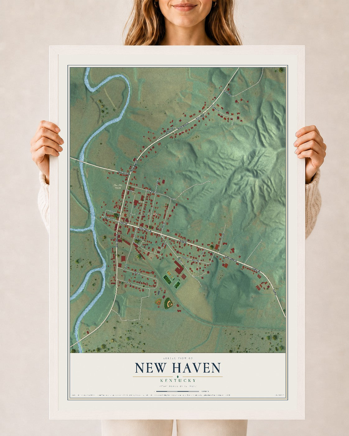 Map of New Haven, Kentucky, 24 x 36 inch print in a white wood frame