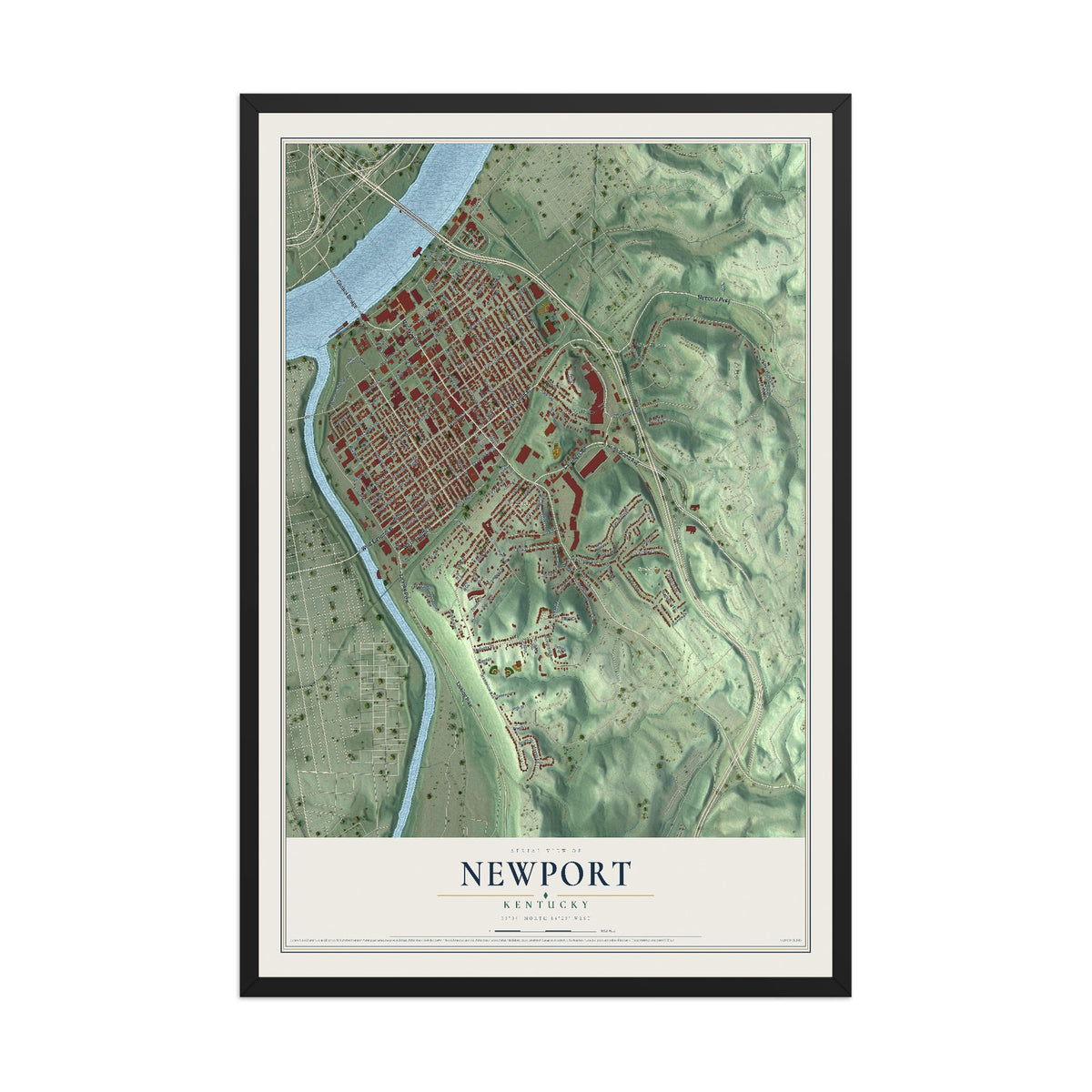 Map of Newport, Kentucky, 12 x 18 inch print in a black wood frame