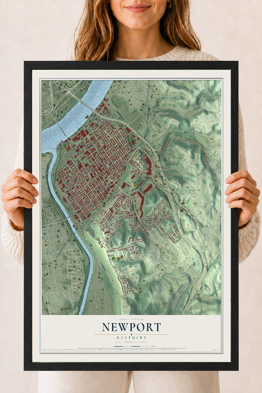 Map of Newport, Kentucky, 18 x 24 inch print in a black wood frame