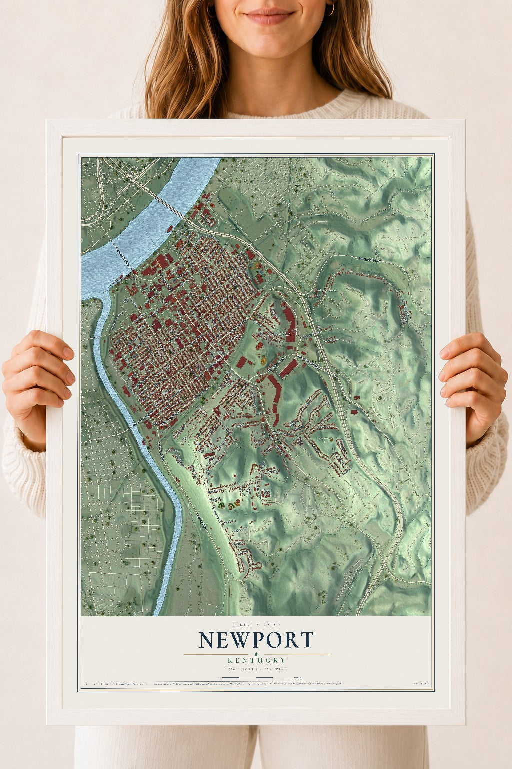 Map of Newport, Kentucky, 18 x 24 inch print in a white wood frame
