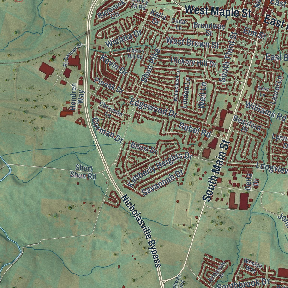 Second close-up of the map of Nicholasville, Kentucky print showing more streets and buildings