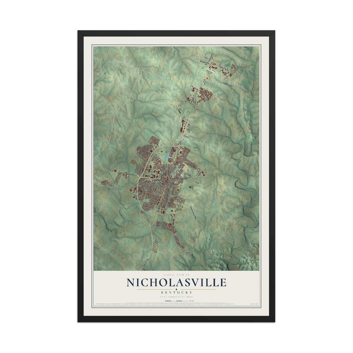 Map of Nicholasville, Kentucky, 12 x 18 inch print in a black wood frame