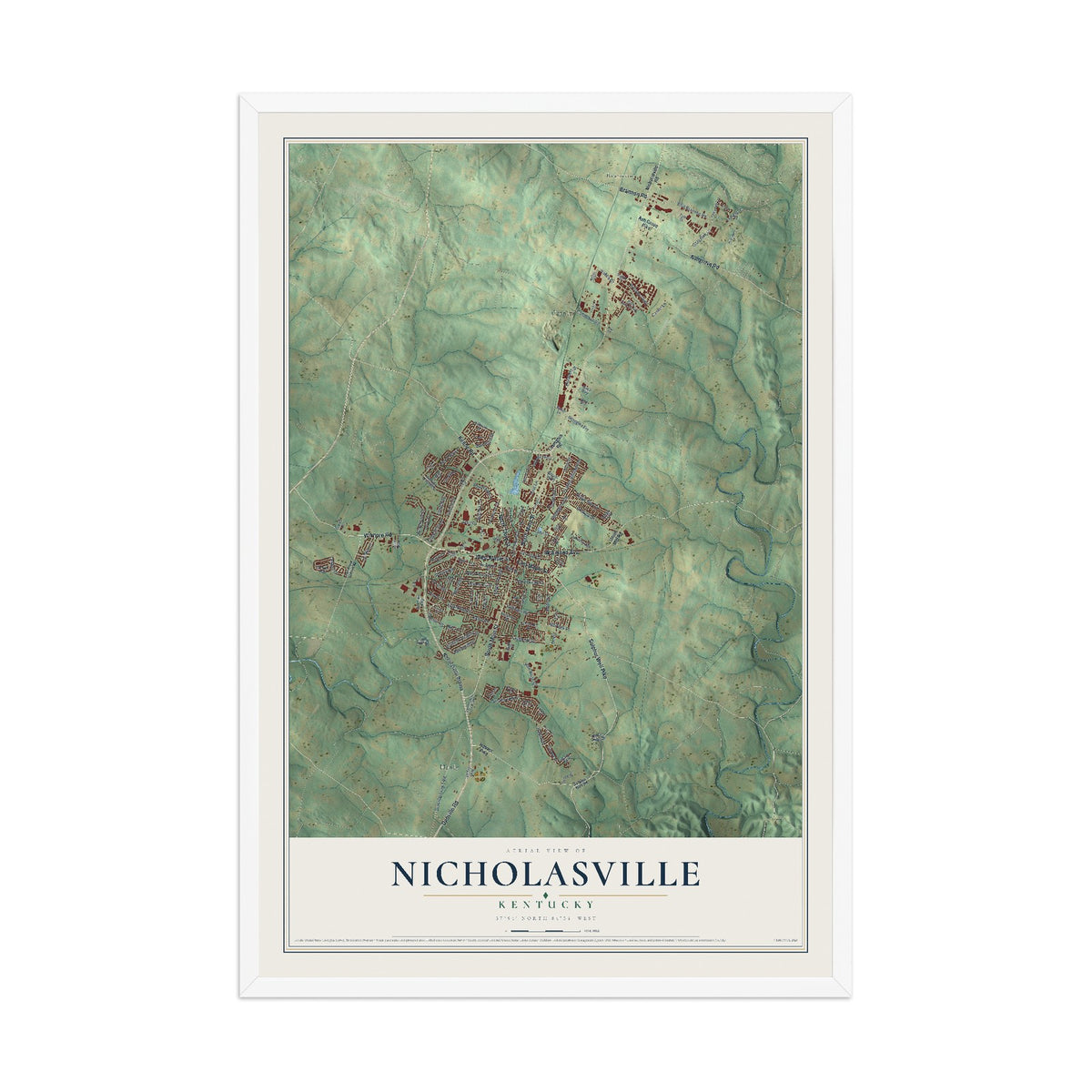 Map of Nicholasville, Kentucky, 12 x 18 inch print in a white wood frame