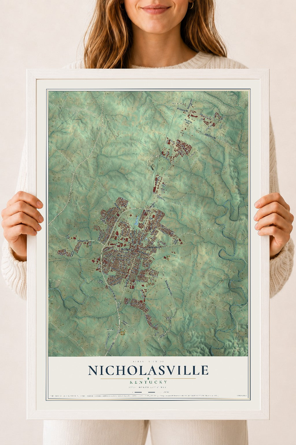 Map of Nicholasville, Kentucky, 18 x 24 inch print in a white wood frame