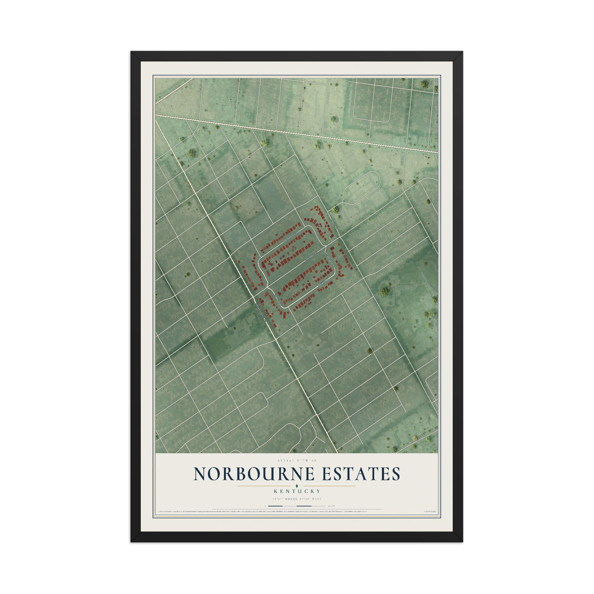 Map of Norbourne Estates, Kentucky, 12 x 18 inch print in a black wood frame