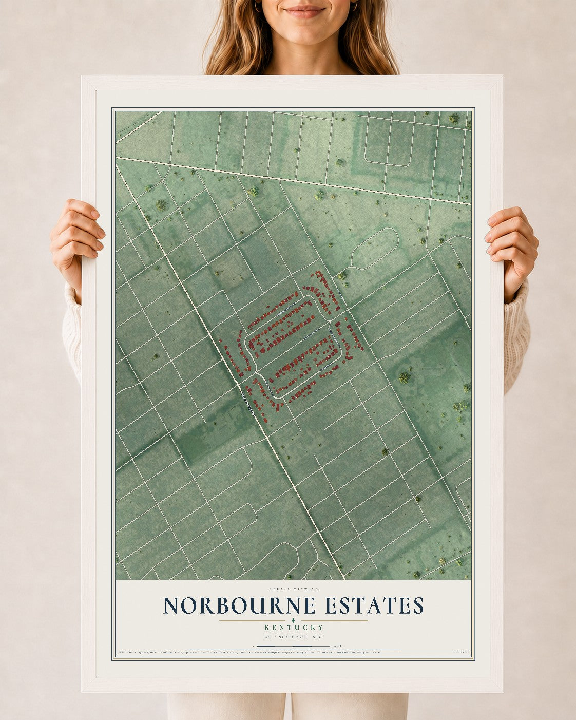 Map of Norbourne Estates, Kentucky, 24 x 36 inch print in a white wood frame