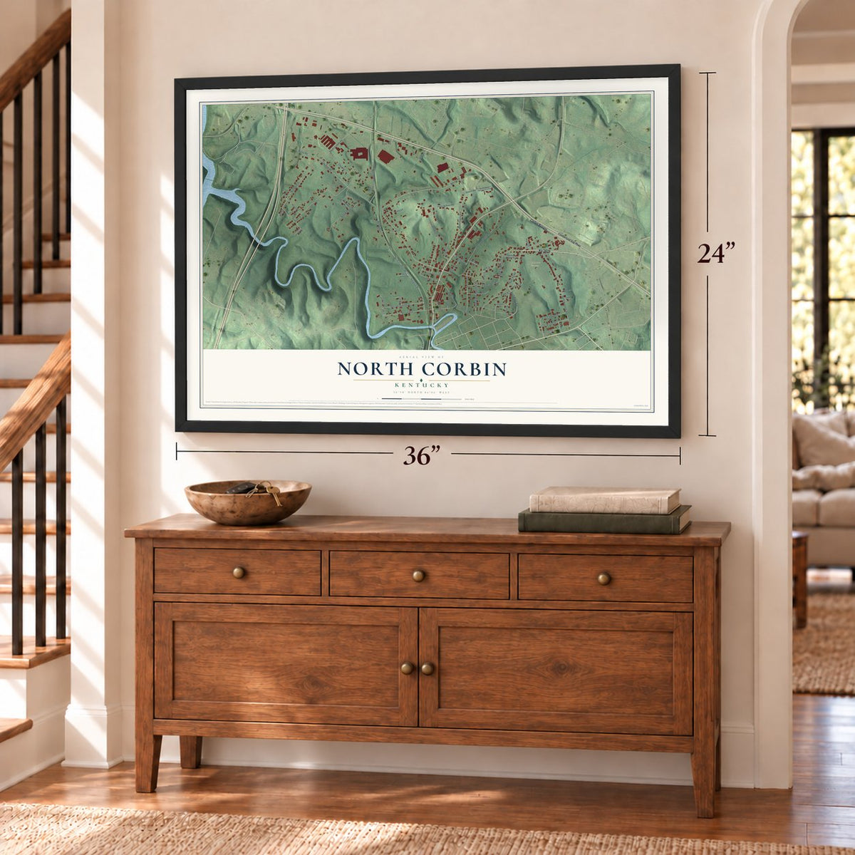 North Corbin, Kentucky map, 24 x 36 inch print in a black frame above a dresser by a staircase