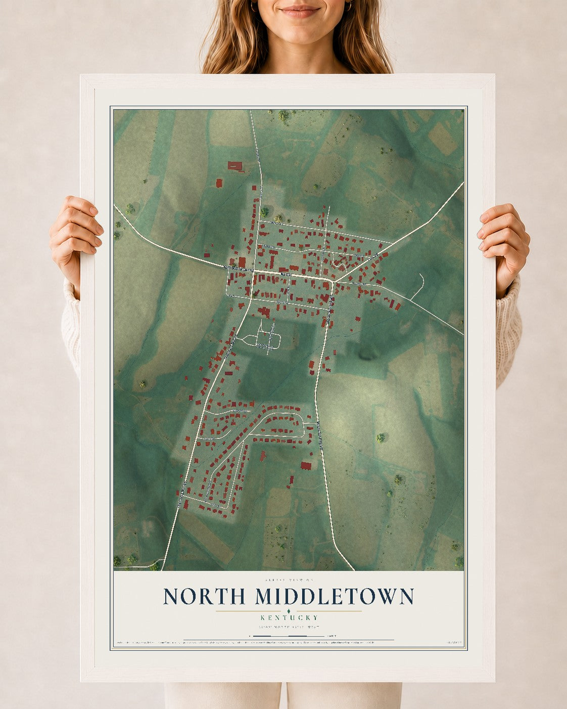 Map of North Middletown, Kentucky, 24 x 36 inch print in a white wood frame