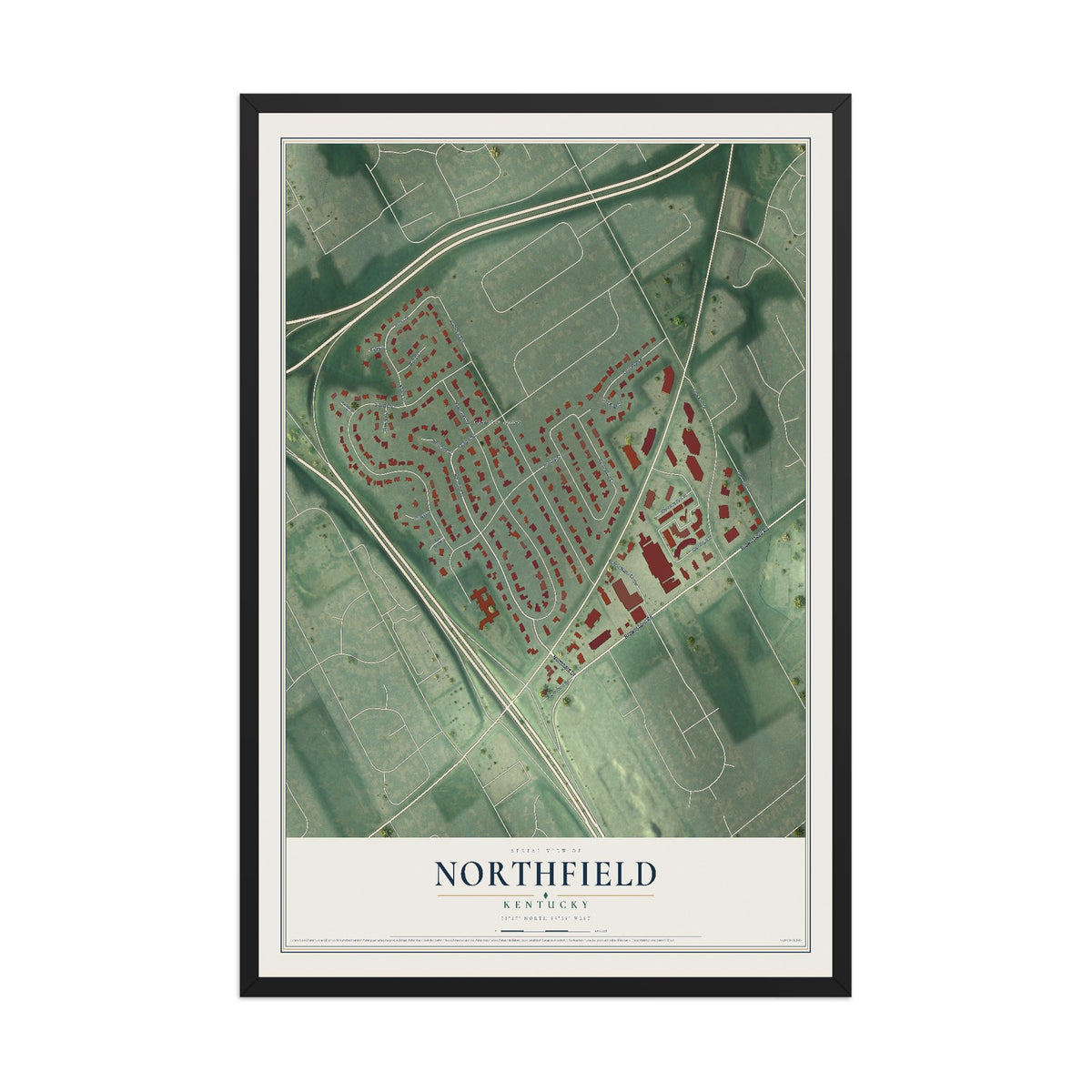 Map of Northfield, Kentucky, 12 x 18 inch print in a black wood frame