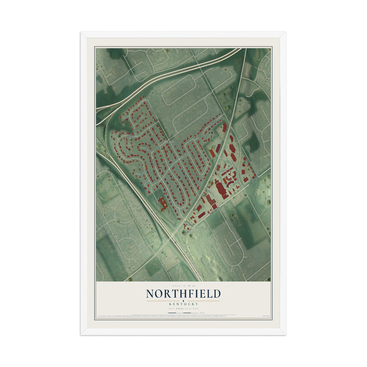 Map of Northfield, Kentucky, 12 x 18 inch print in a white wood frame
