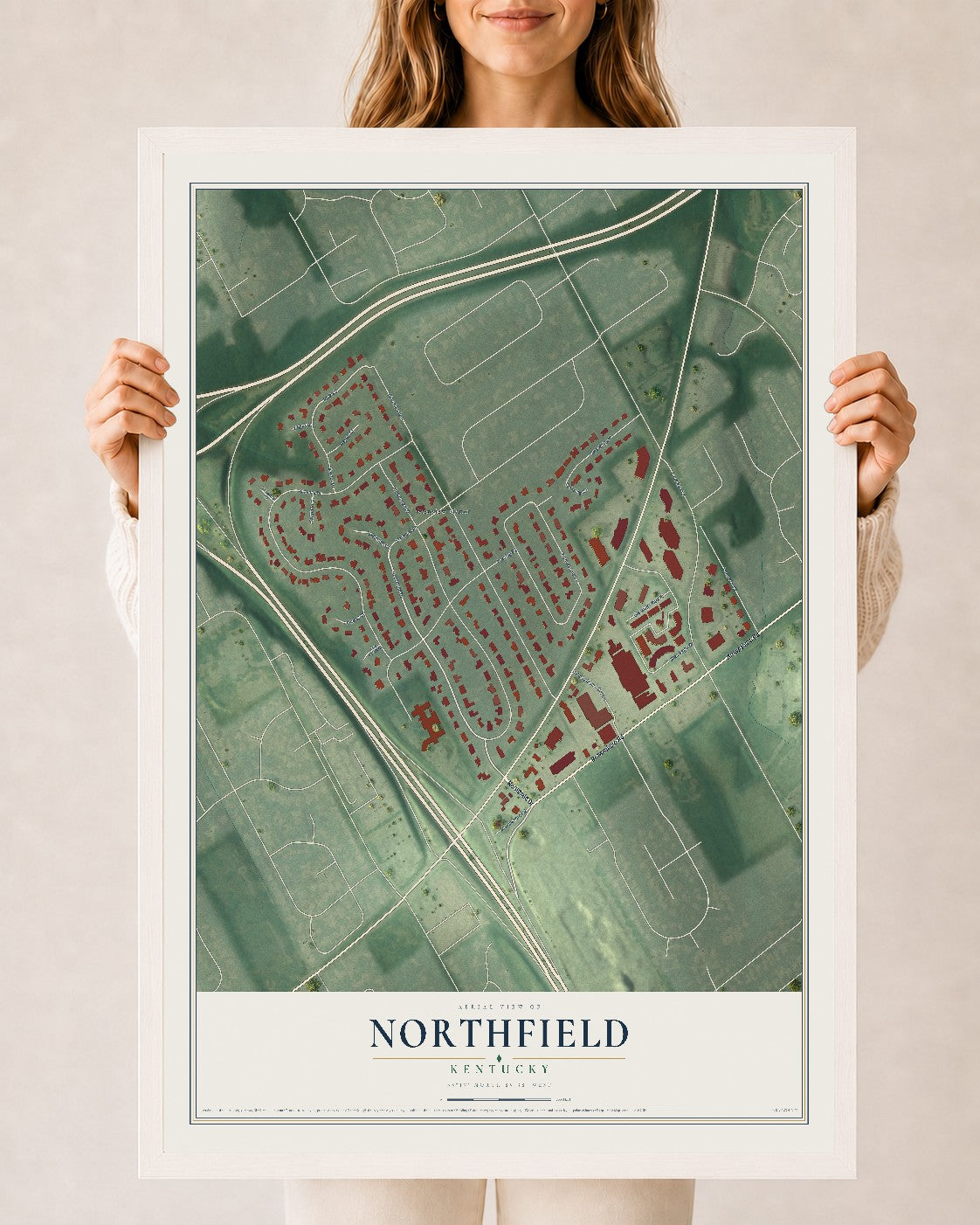 Map of Northfield, Kentucky, 24 x 36 inch print in a white wood frame